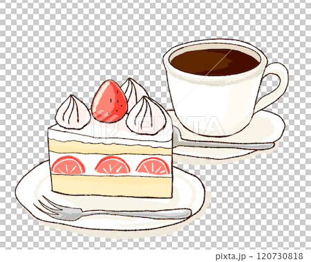 シンプルなケーキセットのイラスト(ショートケーキ、コーヒー) シンプルなケーキセットのイラスト(ショートケーキ、コーヒー) 120730818
