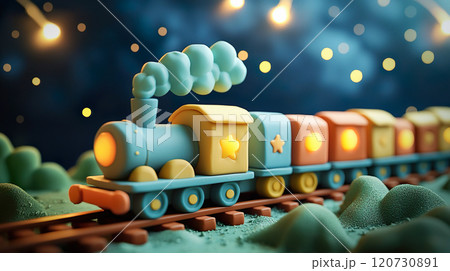 メルヘンチックな夜の線路を走るカラフルな汽車の粘土細工風の3Dイラスト 120730891