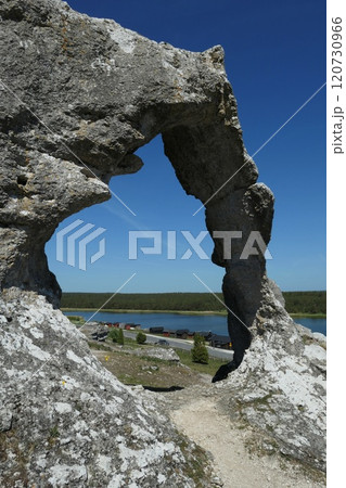 Rauk formations (sea stack) at Lergravsviken, a nature reserve in northern Gotland, Sweden. Rauk formations (sea stack) at Lergravsviken, a nature reserve in northern Gotland, Sweden. 120730966