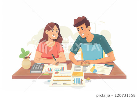 Couples calculating monthly expenses and income, family budget concept, flat vector illustration 120731559