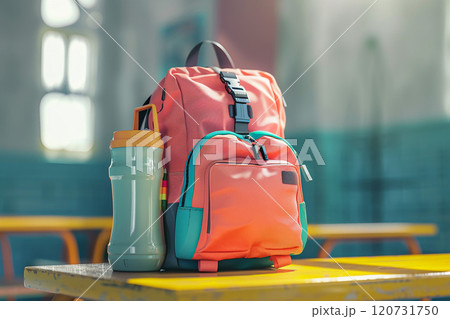 School bag, pencil case, water bottle, 3D animation, back to school backdrop 120731750