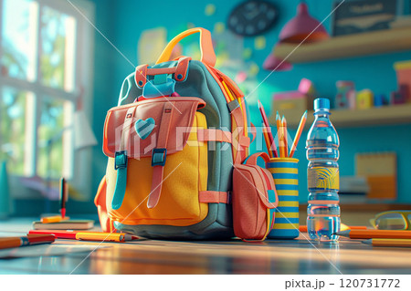 Back to school season, school bag, pencil case, water bottle, 3D animation 120731772