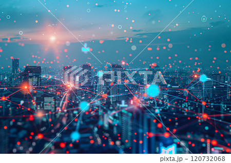 Modern city covered in 3D graphical webs of communication lines and digital connections, 120732068
