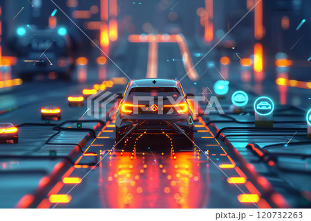 Advanced roadway with integrated charging technology for electric vehicles, 3D clean energy icons 120732263