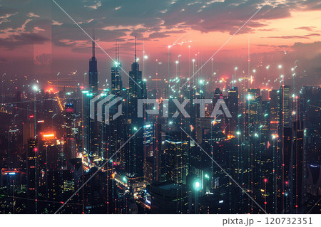 City skyline at dusk with vibrant 3D communication networks bridging the gaps between high-rises, 120732351