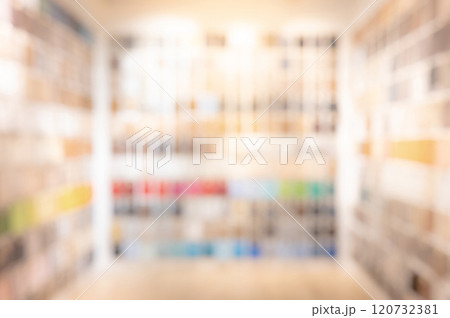 Blurred material library room. Defocused perspective of material samples collection Blurred material library room. Defocused perspective of material samples collection 120732381