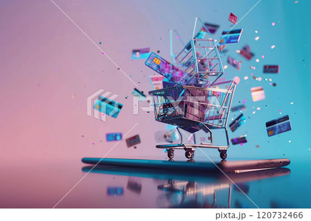 Blank screen tablet, vibrant 3D shopping cart and credit card icons emerging, a dynamic online shopping scene 120732466