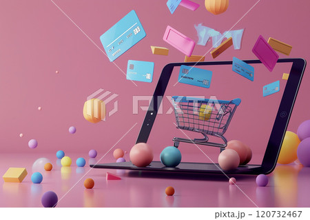 Tablet mockup, 3D animated shopping cart and credit card icons floating out, a sleek and futuristic e-commerce design 120732467