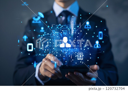 Business professional holding phone, 3D video call icons emerging, innovative virtual meeting visual 120732704