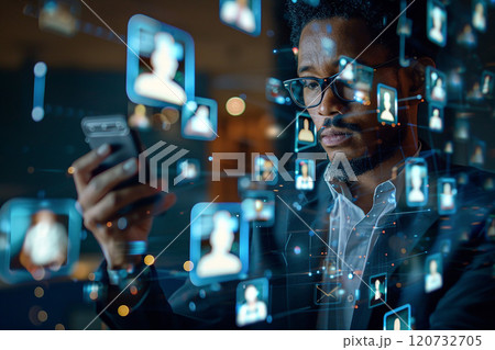 Business professional holding phone, 3D video call icons emerging, innovative virtual meeting visual 120732705