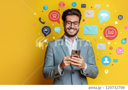 Young businessman with phone, colorful 3D video call icons, dynamic online communication image 120732706