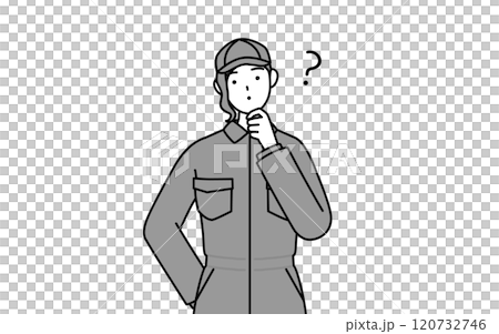 A female mechanic in overalls tilts her head in doubt 120732746