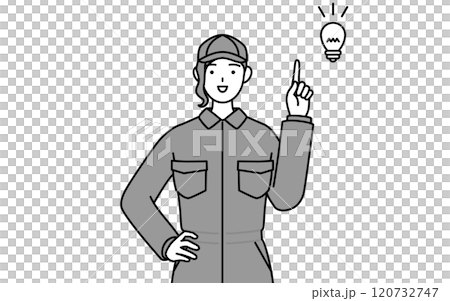 A female mechanic in overalls comes up with an idea 120732747