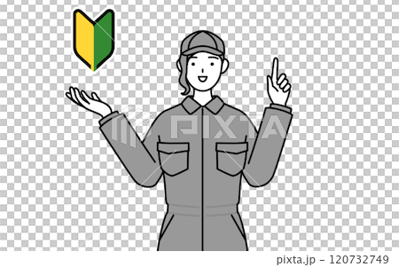 A female mechanic wearing overalls showing the green leaf mark 120732749