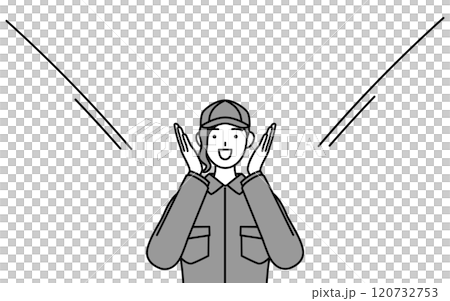 口に手を当てて呼び込みをするつなぎ姿の女性整備士 口に手を当てて呼び込みをするつなぎ姿の女性整備士 120732753