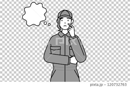 A female mechanic in overalls thinking with her hands on her face A female mechanic in overalls thinking with her hands on her face 120732763