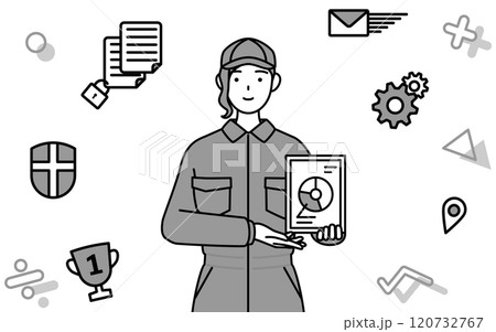 DXのイメージ、デジタル技術を利用して業務改善を行うつなぎ姿の女性整備士 120732767