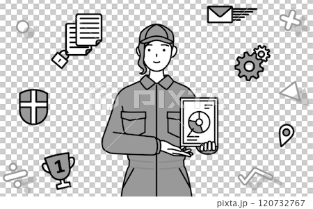 DXのイメージ、デジタル技術を利用して業務改善を行うつなぎ姿の女性整備士 120732767