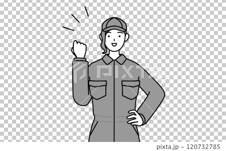 A female mechanic in overalls doing a fist pump A female mechanic in overalls doing a fist pump 120732785