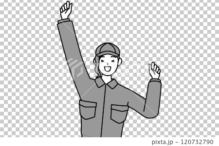 A female mechanic in overalls jumps with joy and lightness 120732790