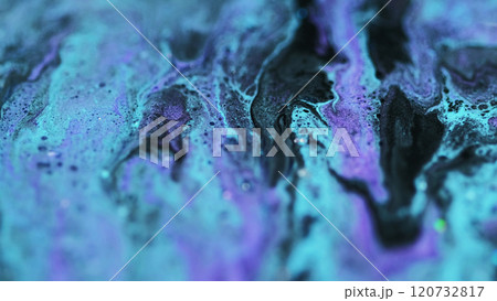 Dye mix. Glitter paint spill. Blur blue purple black color shimmering grain particles bubbles acrylic liquid ink blend flow abstract background. 120732817