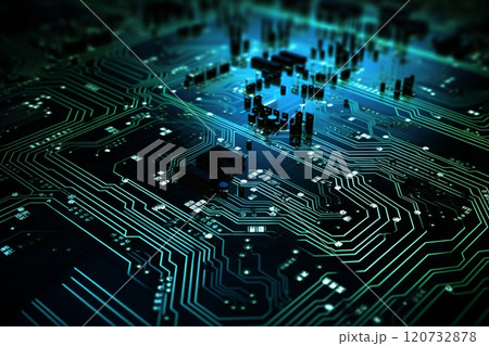 This circuit board background boasts a sophisticated design with gold and copper lines, contributing to its futuristic allure against a dark background. Created with generative AI tools 120732878