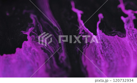 Bokeh light. Glowing liquid flows. Defocused neon purple pink black color glittering shimmer structure gel ink wave abstract modern art background. 120732934