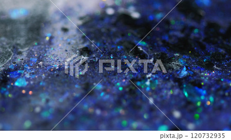 Liquid shimmer texture. Glitter paint spill. Blur blue black color shiny sequin particles emulsion fluid ink drip abstract art background with bokeh lights. 120732935