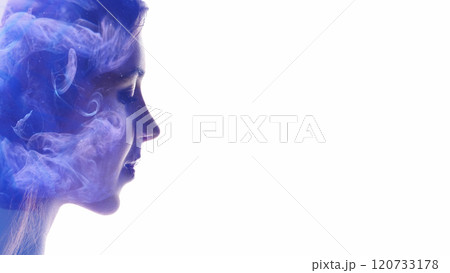 Surreal portrait. Subconscious mind. Blue smoke filling female head silhouette double exposure isolated on white copy space background. 120733178