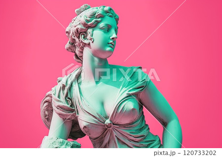 A graceful Greek female figure set on a lovely pink background. Created with generative AI tools 120733202