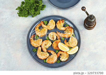 Grilled giant river prawn. 120733700