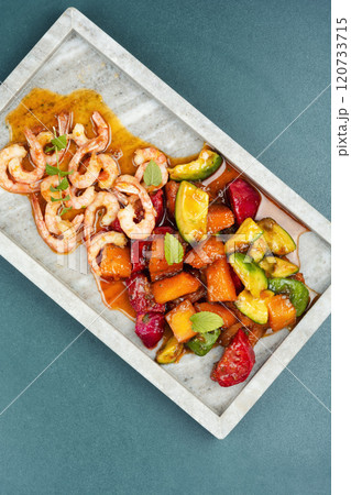 Grilled shrimp, caramelized marinade. Grilled shrimp, caramelized marinade. 120733715