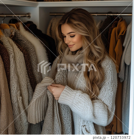 クローゼットで冬服を試着する女性のポートレート 120733972