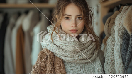 クローゼットで冬服を試着する女性のポートレート 120733973