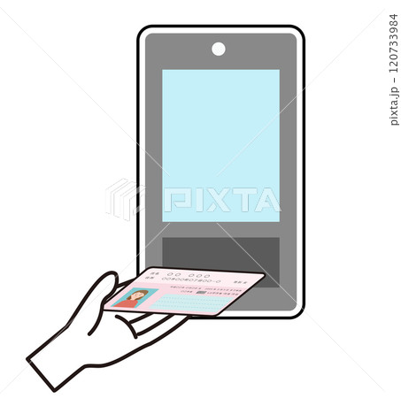 マイナンバーカードをカードリーダーにスキャンさせて認証に使っているイメージのイラスト マイナンバーカードをカードリーダーにスキャンさせて認証に使っているイメージのイラスト 120733984