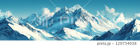 雪に覆われた壮大な山脈と澄み渡る青空 120734038