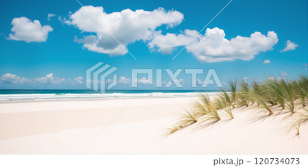 A beach with white sand and grass on a cloudy day. 120734073