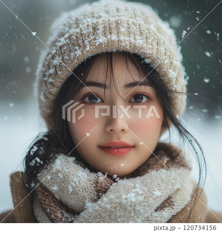雪が降る風景と女性のポートレート 120734156