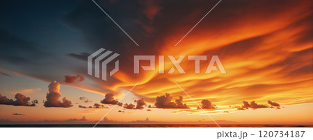 Evening panoramic sky. Orange sky with lots of clouds. 120734187