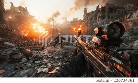 FPSゲーム、荒廃した都市での戦闘シーン	 120734361