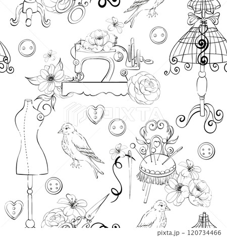 Vintage mannequin with floral arrangement and Sewing tools - buttons, needles, scissors. Old fashion, dressmaker seamless pattern, background. Romantic and elegance sewing background and tailor for 120734466