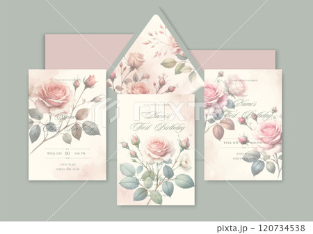First birthday watercolor Invitation Template card with roses. 120734538