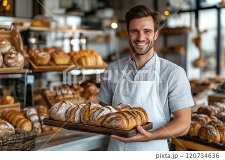 smiling young male baker holding tray with fresh bread 120734636