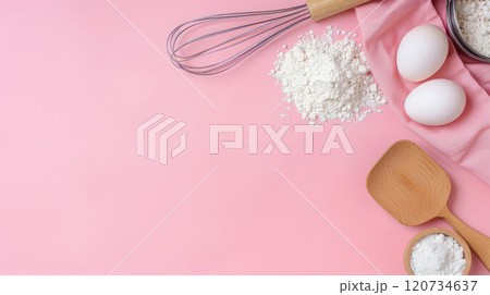 Baking background with flour, eggs, whisk 120734637