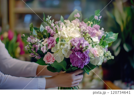female hands make modern bouquet 120734641