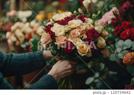 female hands make modern bouquet 120734642