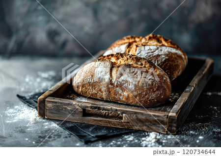 Freshly baked sourdough bread on  rustic wooden board 120734644