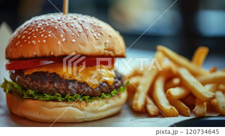 Burger with french fries on wooden background. 120734645