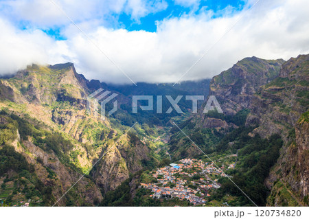 Panoramic view of Curral das Freiras (Nuns Valley) from the Eira do Serrado viewpoint, Madeira, Portugal 120734820