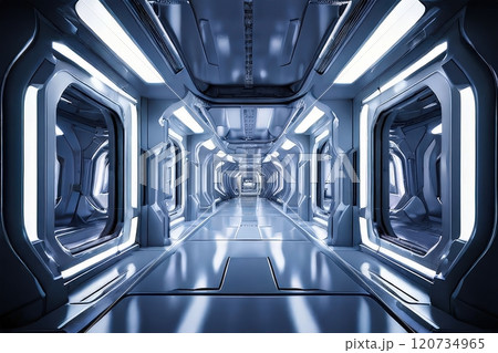 the AI Image Generator, Spaceship Corridor With Glowing Orange Lights 120734965
